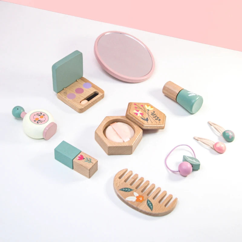 Coffret de maquillage en bois pour tout-petits – Jouets de salon de beauté avec accessoires réalistes