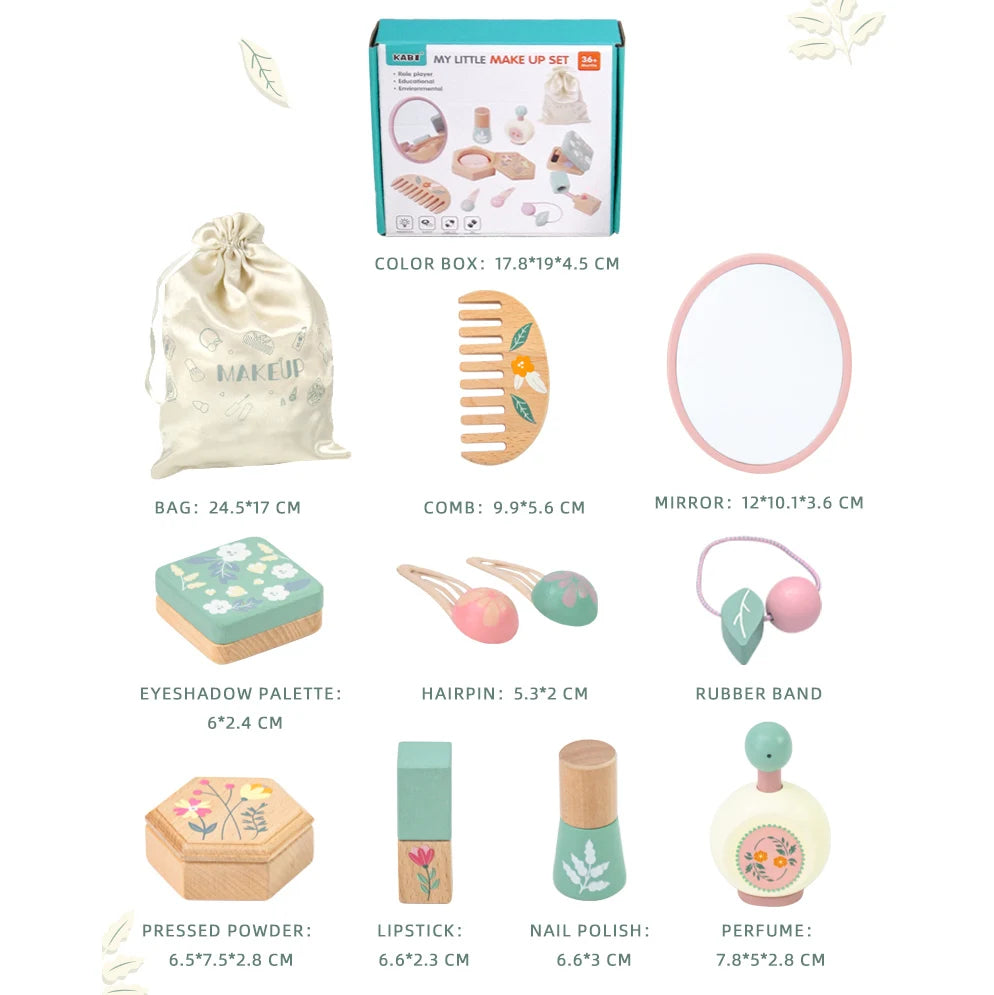 Coffret de maquillage en bois pour tout-petits – Jouets de salon de beauté avec accessoires réalistes