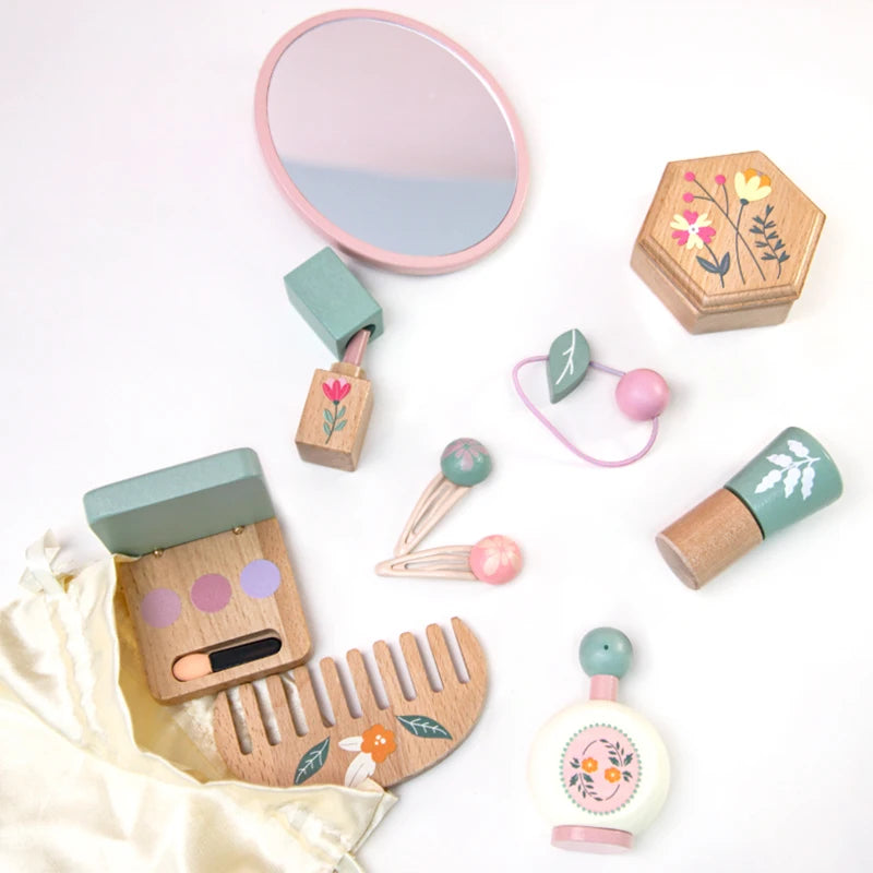 Coffret de maquillage en bois pour tout-petits – Jouets de salon de beauté avec accessoires réalistes