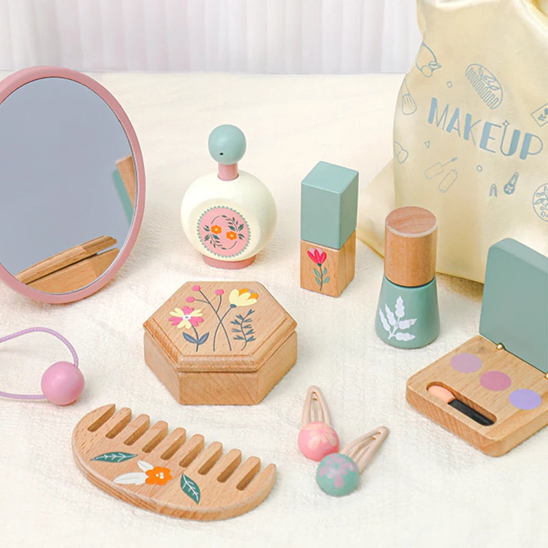 Coffret de maquillage en bois pour tout-petits – Jouets de salon de beauté avec accessoires réalistes