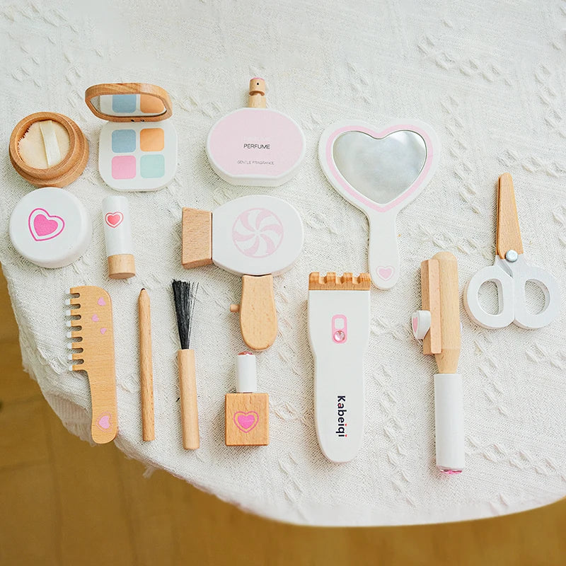 Coffret de maquillage en bois pour filles - Jeu de rôle de coiffeuse et de cosmétique