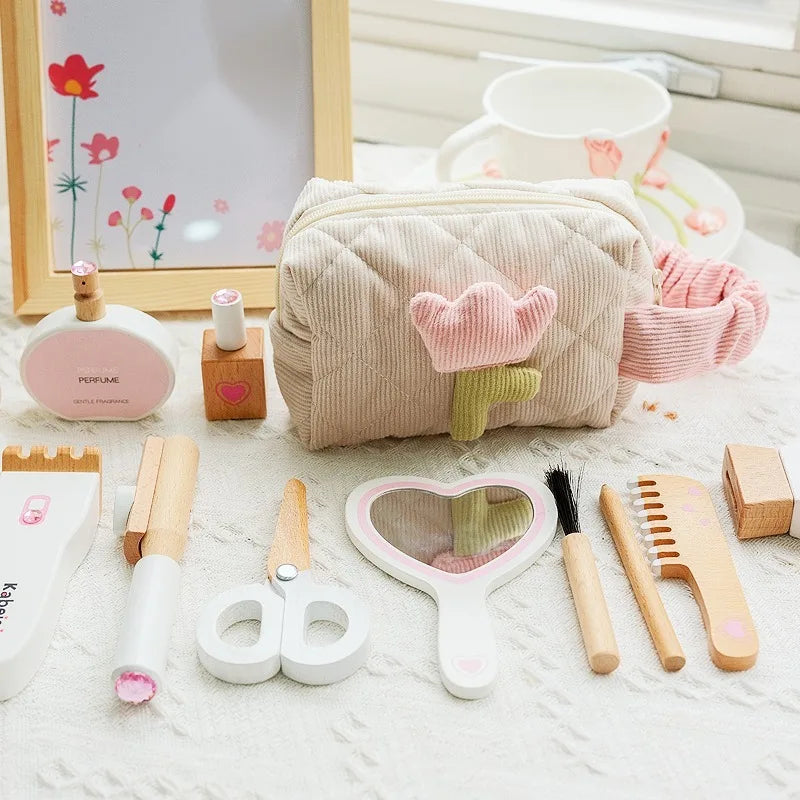 Coffret de maquillage en bois pour filles - Jeu de rôle de coiffeuse et de cosmétique