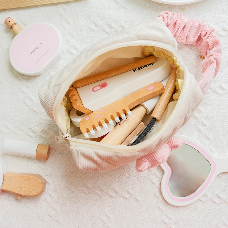 Coffret de maquillage en bois pour filles - Jeu de rôle de coiffeuse et de cosmétique
