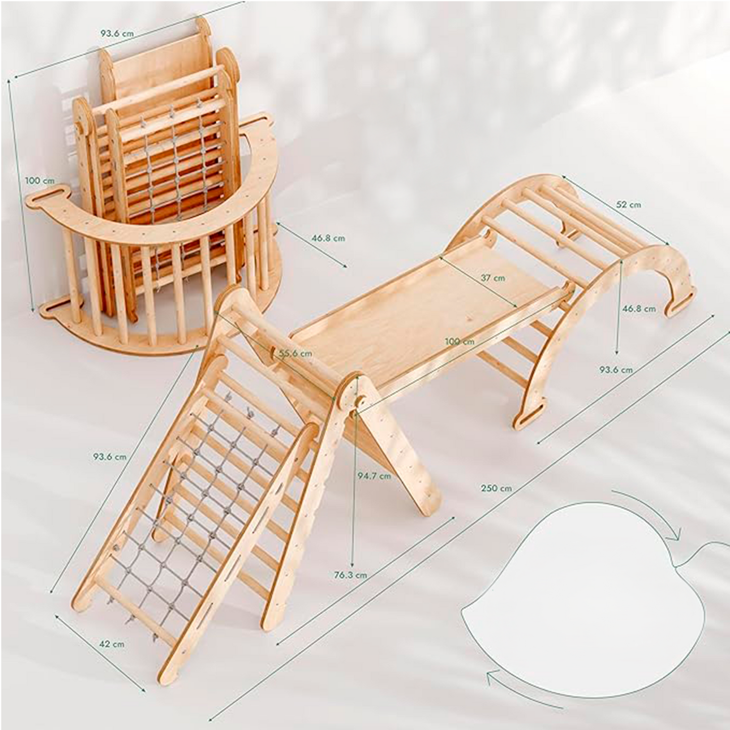 4-in-1 Montessori Klimset - Klimdriehoek met Glijbaan en Klimbogen inclusief Kussen