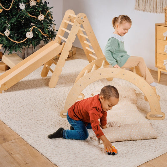 4-in-1 Montessori Klimset - Klimdriehoek met Glijbaan en Klimbogen inclusief Kussen