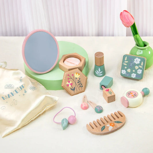 Coffret de maquillage en bois pour tout-petits – Jouets de salon de beauté avec accessoires réalistes