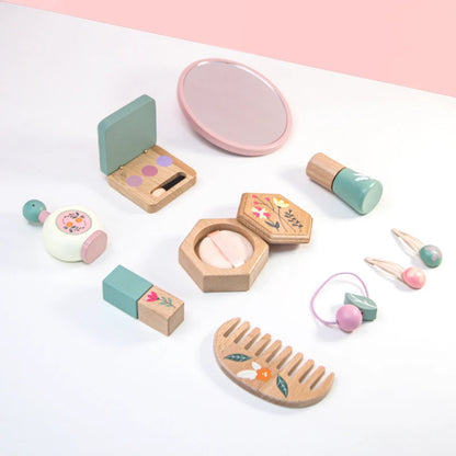 Coffret de maquillage en bois pour tout-petits – Jouets de salon de beauté avec accessoires réalistes
