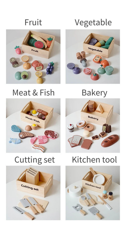 Ensemble de découpe en bois pour légumes et fruits - Apprendre l'anglais en cuisinant