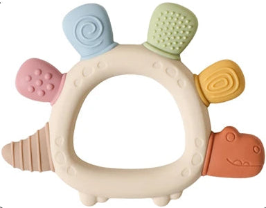 Anneau de dentition en silicone dinosaure avec anneau en bois – sûr et apaisant pour les bébés qui font leurs dents