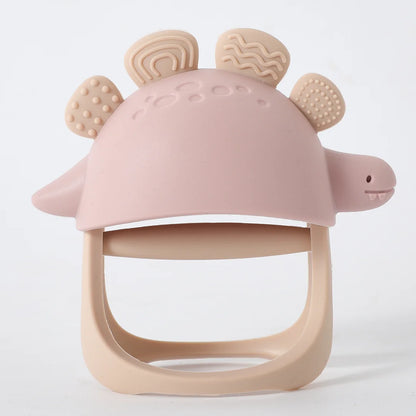 Anneau de dentition en silicone dinosaure avec anneau en bois – sûr et apaisant pour les bébés qui font leurs dents
