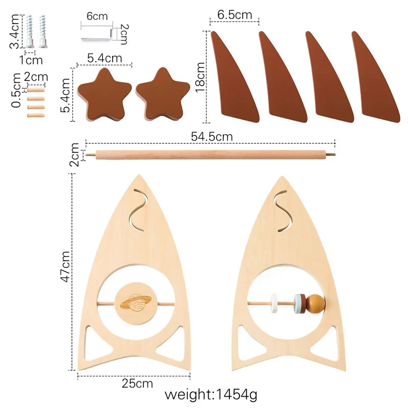 Houten Babygym Raket - Montessori Speelgym met Hangende Rammelaars