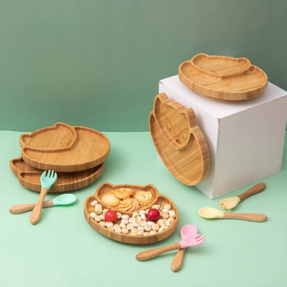 Bamboe Kinderservies Set 4-delig - Zuignap Bord & Kom met Bestek