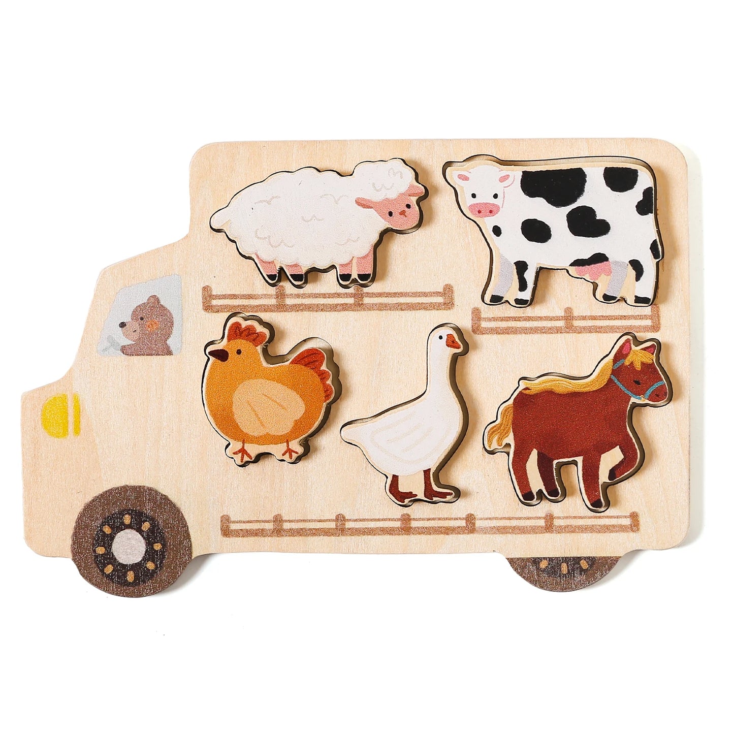 Houten Montessori Puzzel - Engels Leren Vormen, Dieren & Voertuigen