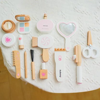 Coffret de maquillage en bois pour filles - Jeu de rôle de coiffeuse et de cosmétique