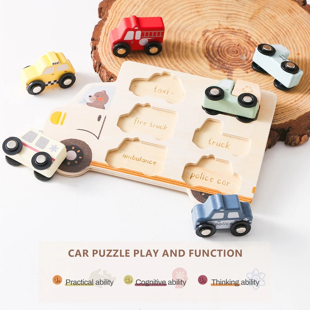 Houten 3D Auto Puzzel - Montessori Educatief Speelgoed voor Peuters 2+