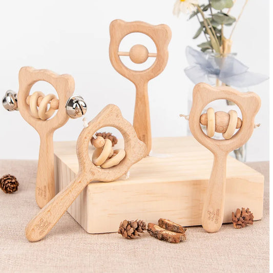 Houten Baby Rammelaar - Natuurlijk Beuken Montessori Bijtring Speelgoed 0-12 Maanden