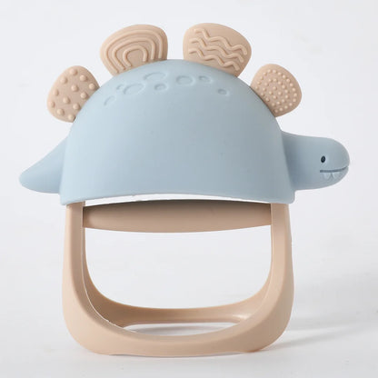 Anneau de dentition en silicone dinosaure avec anneau en bois – sûr et apaisant pour les bébés qui font leurs dents