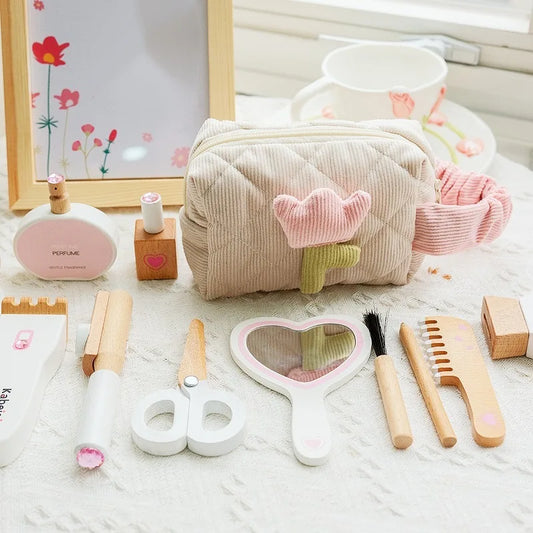 Coffret de maquillage en bois pour filles - Jeu de rôle de coiffeuse et de cosmétique