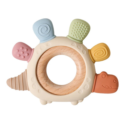 Anneau de dentition en silicone dinosaure avec anneau en bois – sûr et apaisant pour les bébés qui font leurs dents