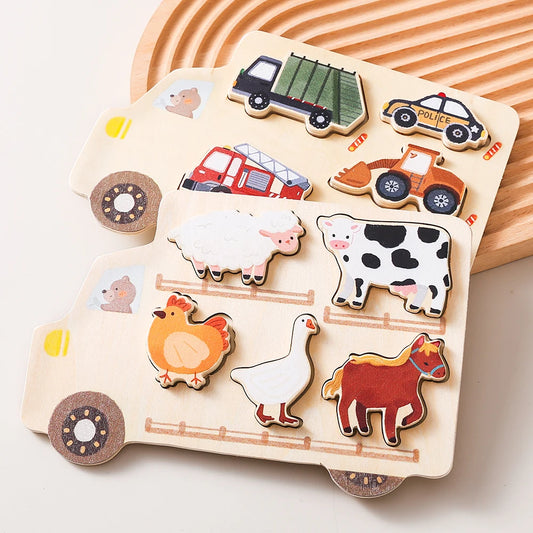 Houten Montessori Puzzel - Engels Leren Vormen, Dieren & Voertuigen