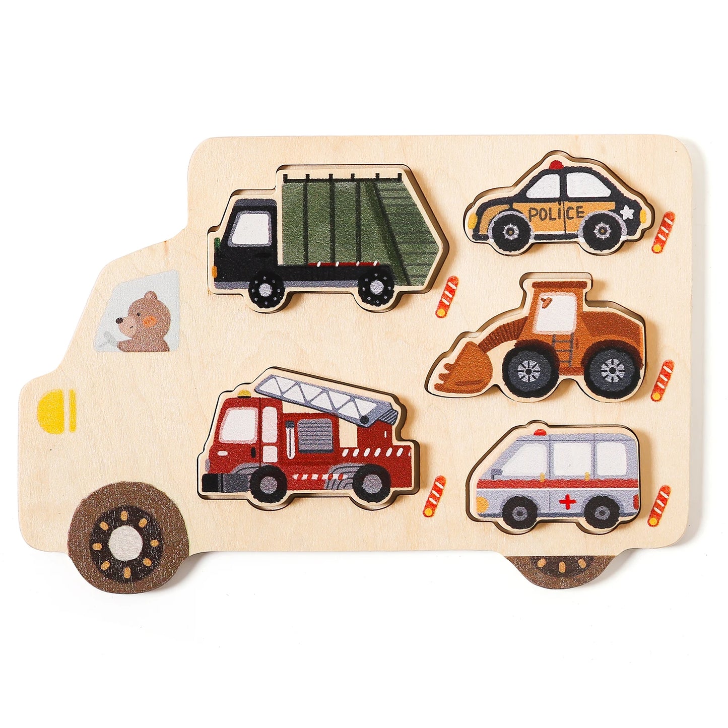Houten Montessori Puzzel - Engels Leren Vormen, Dieren & Voertuigen