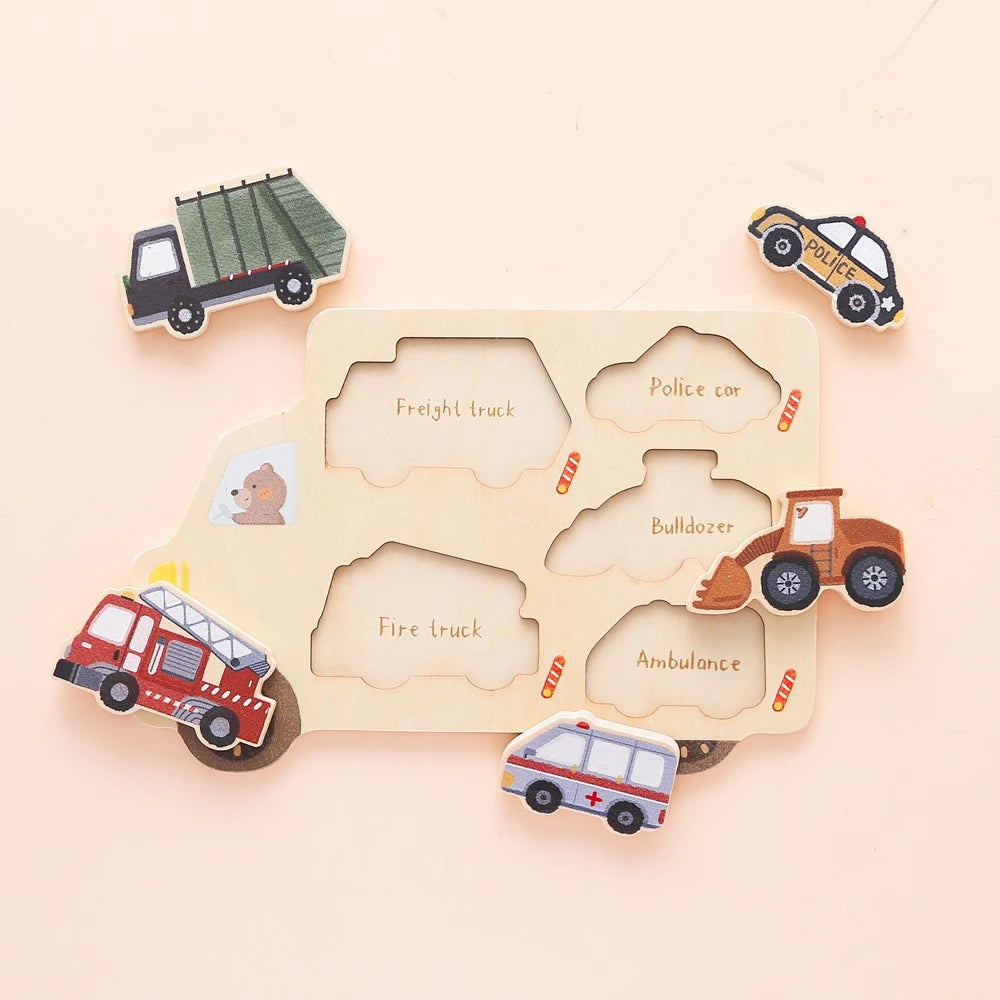 Houten Montessori Puzzel - Engels Leren Vormen, Dieren & Voertuigen