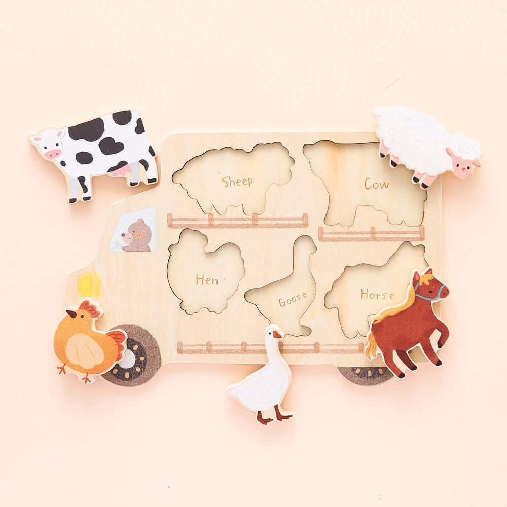 Houten Montessori Puzzel - Engels Leren Vormen, Dieren & Voertuigen