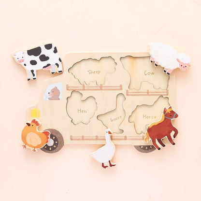 Puzzle Montessori en bois - Apprendre l'anglais Formes, animaux et véhicules