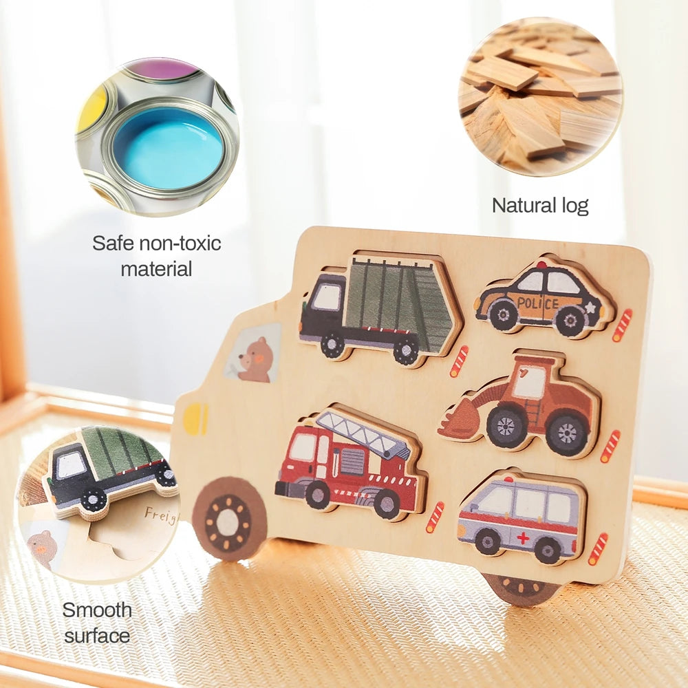 Houten Montessori Puzzel - Engels Leren Vormen, Dieren & Voertuigen