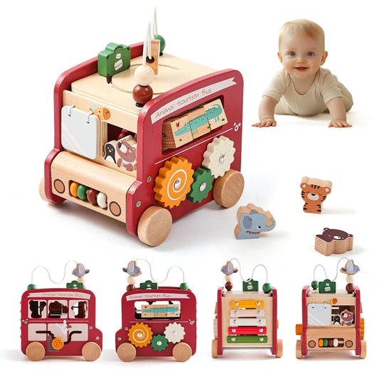 Montessori Houten Busy Bus - 5-in-1 Educatief Speelgoed voor Peuters