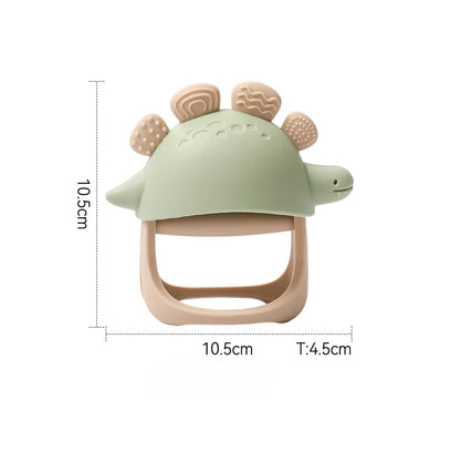 Anneau de dentition en silicone dinosaure avec anneau en bois – sûr et apaisant pour les bébés qui font leurs dents